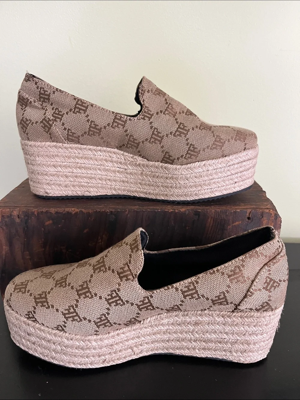Unbranded Beige Patterned Platform Espadrille Slip-On Shoes